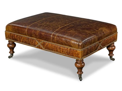 This leather table/ottoman shows a unique use of solid brass nail trim with a very distressed leather Tufted Leather Ottoman, Leather Ottoman Coffee Table, Leather Cocktail Ottoman, North Carolina Furniture, Leather Coffee Table, White Furniture Living Room, Ottoman Coffee, Cocktail Ottoman, Ottoman Coffee Table