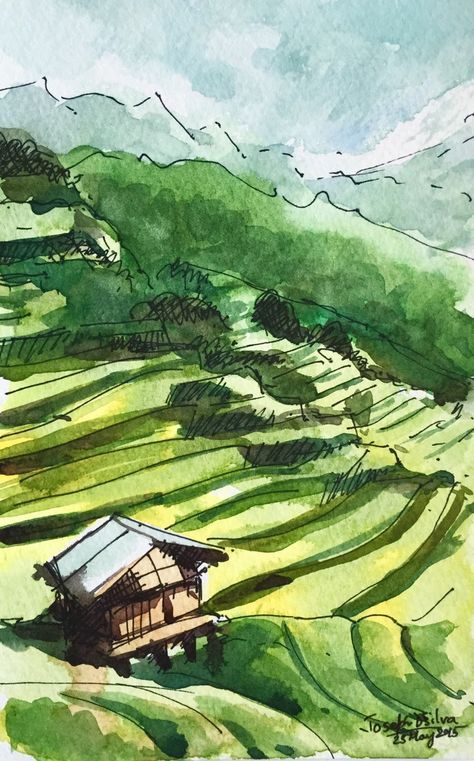 Vietnam Art Design, Quick Watercolor, Vietnam Painting, Long Painting, Vietnam Art, Landscape Sketch, Travel Drawing, Travel Painting, A Level Art