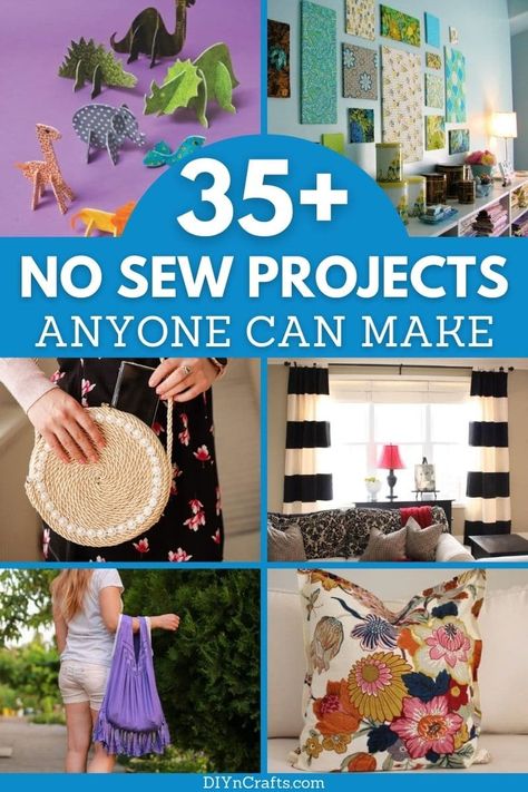 This no-sew DIY projects list has something for everyone! Easy steps and no sewing involved means making bags, pillows, and more simple! This list includes no sew hair bows, no sew bags, no sew toys, no sew curtains, and even no sew pillows! #NoSew #NoSewCrafts #EasyCrafts #NoSewProject #DIYNoSew No Sew Projects, Syprosjekter For Nybegynnere, Making Bags, Fabric Crafts Diy, Sew Projects, Diy Fabric Crafts, Scrap Fabric Crafts, Scrap Fabric Projects, Upcycle Sewing