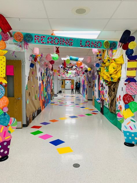 Fair Theme Decorations, Candyland Literacy Night, Intervention Classroom Bulletin Boards, Circus Book Fair Theme, Literacy Week Decorations, Candyland Reading Theme, Candy Land Board Game Decorations, Candyland School Decorations, Candy Land Literacy Night