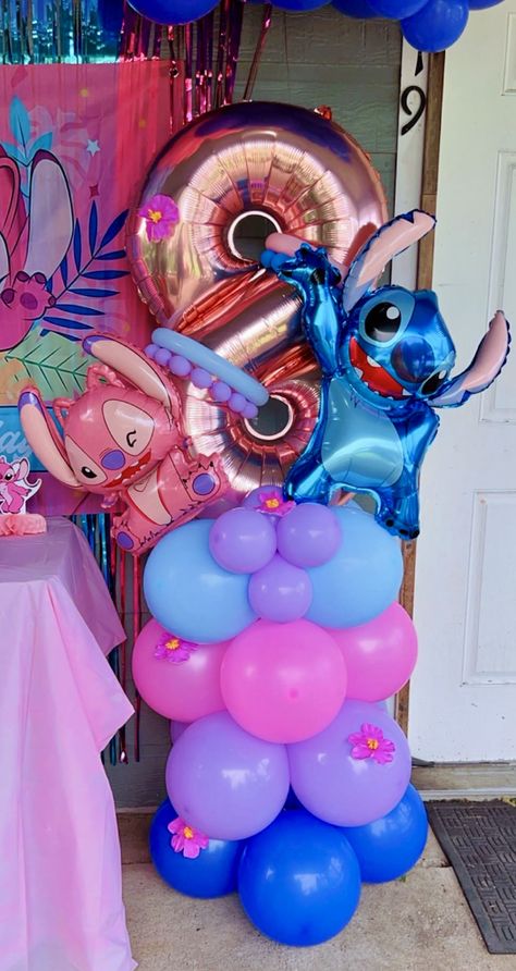 Stitch and Angel Birthday Party Decorations. #liloandstitch #angel # stitch #pinkandblue #ballooncolumn Stitch And Angel Themed Birthday Party, Stitch And Angel Birthday Party Ideas, Stitch And Angel Birthday Party, Stitch And Angel Birthday, Angel Birthday Party, Stitch Bday, Angel Party, Angel Birthday, Birthday Themes For Adults