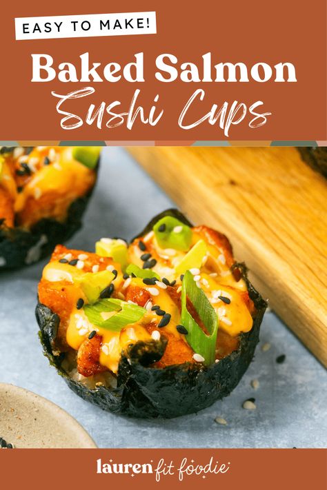 Enjoying sushi at home has never been easier than with these Baked Salmon Sushi Cups! These bite-sized cups are easy to make, even easier to eat and full of so much flavor! Salmon Sushi Cups, Baked Salmon Sushi, Instant Pot Sushi Rice, Salmon Sushi Bake, Sushi Cups, Nori Sheets, Sushi Bake, Sushi Roll Recipes, Sushi At Home