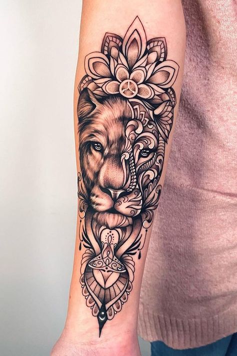 37 Extraordinary Lion Tattoo Designs Mandala Lion Tattoo, Lion Tattoo For Women, Female Lion Tattoo, Mandela Tattoo, Lioness Tattoo, Lion Tattoo Design, Forearm Tattoo Design, Muster Tattoos, Forearm Tattoo Women