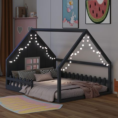 PRICES MAY VARY. 🥇🥇 【Montessori Bed Full Size: Playhouse Design】Add an amusing touch to your kid’s bedroom with this Full size montessori bed frame. Featuring a house shape headboard and a cute window,fenced side rails for a fun bedroom environment that your child will love. This kids house tent bed can be harmoniously matched with a variety of furniture in your home. 🥇🥇 【House Floor Bed with High Fence and Door】The safety of this twin size house floor bed is certified by Children's Product House Toddler Bed Boy, Montessori Bed Decoration, Kid House Bed, Floor Bed For Twins, Montessori Floor Bed Toddler, Montessori Bed Boy, Toddler Floor Bed Girl, Kids Floor Bed Ideas, Child’s Bedroom