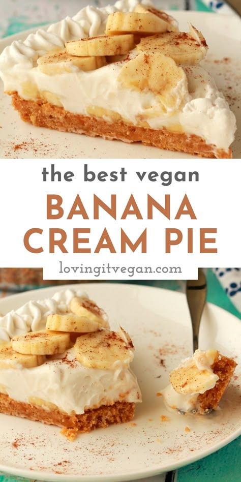 You will love this delicious vegan banana cream pie. It's set on top of a golden oreo cookie crust, layered with creamy pudding and sliced banana and topped with vegan whipped cream for the most delicious vegan dessert! | lovingitvegan.com Vegan Banana Cream Pie, Vegan Banana Pudding, Banana Cream Pie Recipe, Sliced Banana, Golden Oreo, Dessert Oreo, Vegan Whipped Cream, Oreo Cookie Crust, Banana Slices