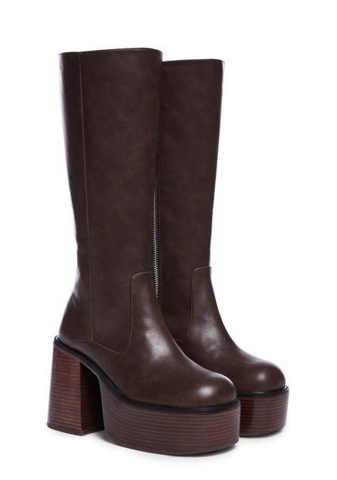 cuz you always go for the classics. These retro knee high boots have a vegan leather construction, chunky platform soles with block heels, and side zip closures. Chunk Heel Outfit, Thigh High Lace Up Boots, Platform Boots Vintage, Cool Winter Boots, Brown Go Go Boots, Dark Brown Platform Boots, 70s Platform Sandals, Burgundy Tall Boots, Cute High Boots