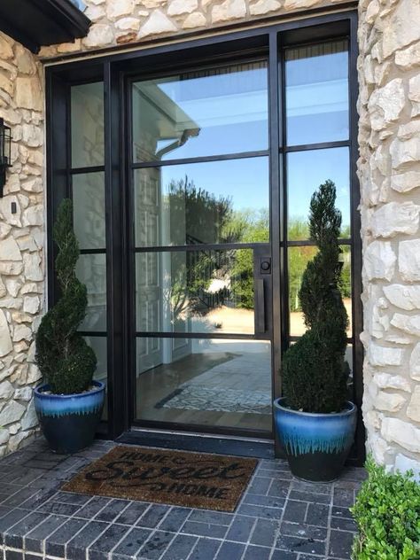 Metal Front Doors With Glass Panels, Smoked Glass Front Door, Glass Front Porch, French Doors Exterior Entrance, Industrial Front Doors, Glass Entrance Doors, Exterior Entrance, French Front Doors, Porte In Ferro