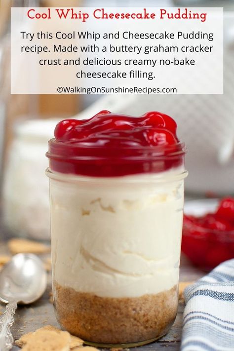 Try this Cool Whip and Cheesecake Pudding recipe. Made with a buttery graham cracker crust and delicious creamy no-bake cheesecake filling. Topped with cherry pie filling or your favorite fresh fruit. No Bake Cheesecake Filling, Cool Whip Desserts, Easy No Bake Cheesecake, Cheesecake Pudding, Baked Cheesecake Recipe, Easy Cheesecake Recipes, Cheesecake Filling, Jello Recipes, Easy Cheesecake