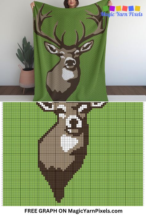 Are you looking for a new blanket design? Try my Whitetail Deer blanket design with a free C2C graph pattern. The finished size of your project depends on your technique, stitch, hook size, and yarn weight. Use this free crochet graph with different size yarns and hooks to crochet a variety of items. From double bed throws, to baby blankets, wall hangings, rugs and pillowcases, you can make them all with this graph. Free Knitting Graph Patterns, Deer Afghan Crochet Pattern Free, Hunting Crochet Blanket, Deer Granny Square, Crochet Deer Blanket Pattern Free, Crochet Blanket Ideas Granny Squares, Crochet Picture Blanket, C2c Patterns Graph, Free C2c Patterns