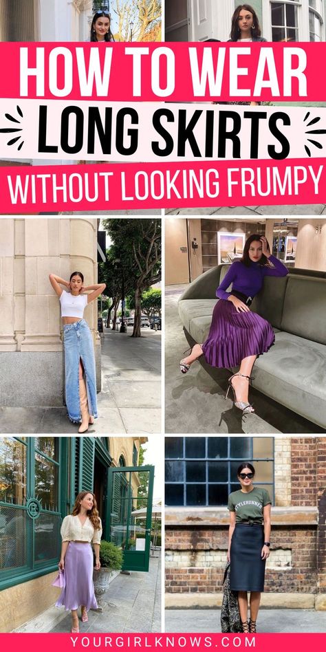 Long skirts can be a bit daunting, but they don't have to make you look frumpy. Here are some tips on how to wear them in a way that'll make you feel confident and comfortable. Plus, check out some outfit ideas to get you started! Gen X Outfit Ideas, Long Skirt Travel Outfits, How To Style An A Line Skirt, Flow Skirt Outfit, Tops With Black Skirt, Long Skirt Outfit For Work, Long Skirt For Petite Women, Style Long Pencil Skirt, How To Dress A Long Skirt