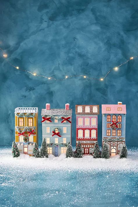 Holiday Village Display, Anthropologie Christmas, Anthropologie Holiday, Christmas Village Display, Village Display, Holiday Village, Mini Ornaments, Christmas Villages, Christmas Village