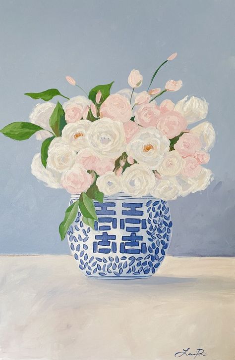 "Charmed by Pink" 24x36x1 1/2 acrylic on stretched canvas. This piece was inspired by my personal collection of ginger jars and florals. Ginger Jar Painting, Dorm Canvas Art, Dorm Canvas, Chinoiserie Paintings, Ginger Jar Art, 21st Birthday Banner, Watercolor Flowers Tutorial, Ginger Jar, Ginger Jars