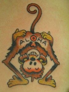 Sailor Jerry Aloha Monkey Tattoo Full Circle Tattoo, Traditional Shark Tattoo, Hole Drawing, Belly Button Tattoo, Monkey Tattoo, Monkey Tattoos, Sailor Jerry Tattoos, Snow Monkey, Tattoo Filler