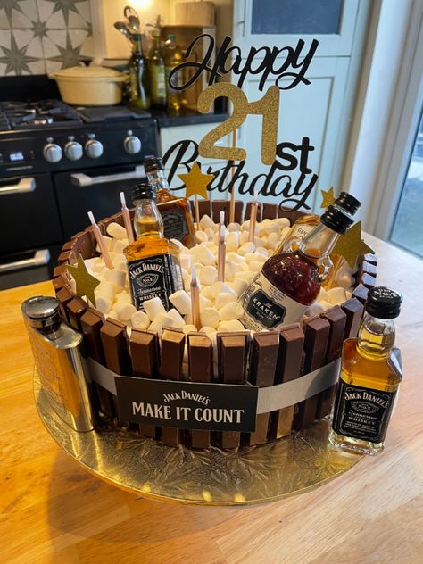 Alcohol Inspired Cakes, Man 21st Birthday Cake, 21st Alcohol Cake, 21st Cake Ideas For Guys, Birthday Cake For 21 Year Old Guy, 21st Birthday Cake With Alcohol Bottles, Men’s 21st Birthday Cake, 21st Birthday Party Themes For Guys, 18th Birthday Cake Men