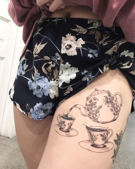 Cracked Teacup Tattoo, Tea Cup And Pot Tattoo, Teapot Teacup Tattoo, Tea Pot And Cup Tattoo, Teacups Tattoo, Teacup Tattoo Vintage, Tea Pot Tattoo, Tea Tattoos, Teapot Tattoo