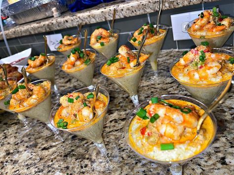 Shrimp And Grit Cups, Shrimp And Grits Shooters, Shrimp And Grits Presentation, Shrimp And Grits In Martini Glasses, Soul Food Brunch Menu Ideas, Shrimp And Grits Appetizer Cups, Brunch Menu Ideas For A Crowd, Prosecco Brunch, Brunch Party Food