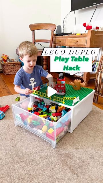 Duplo Play Table, Diy Play Table With Storage, Duplo Play Ideas, Duplo Table Diy, Lego Duplo Storage Ideas, Diy Duplo Lego Table, Lego Table Diy Storage, Lego Duplo Organization, Play Doh Organization Storage