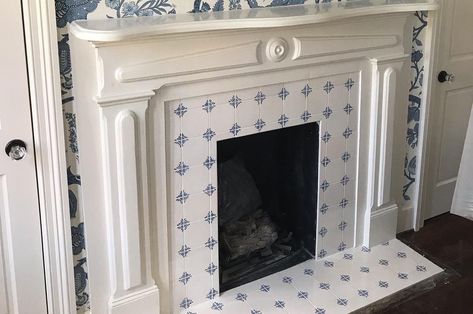 2130 Anna Delft Tile Fireplace Surround, Delft Fireplace, Exterior Door Paint Colors, Library Fireplace, Painted Exterior Doors, House Journal, Dutch Tiles, Hand Painted Tile, Fireplace Tile Surround