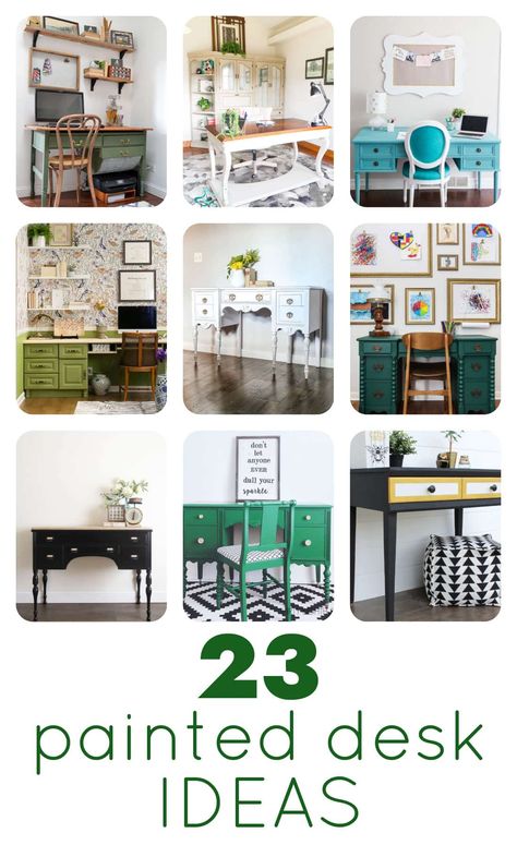 collage of 9 different painted desks in green, blue, white, black and turquoise Painting Desk Aesthetic, Two Tone Desk Color Ideas, Chalk Painted Desk Ideas, Upcycle Desk Diy Projects, Repainting Desk Ideas, Desk Paint Colors, Painting A Desk Ideas, Upcycle Desk Ideas, Painted Desks Ideas Colors Home Office