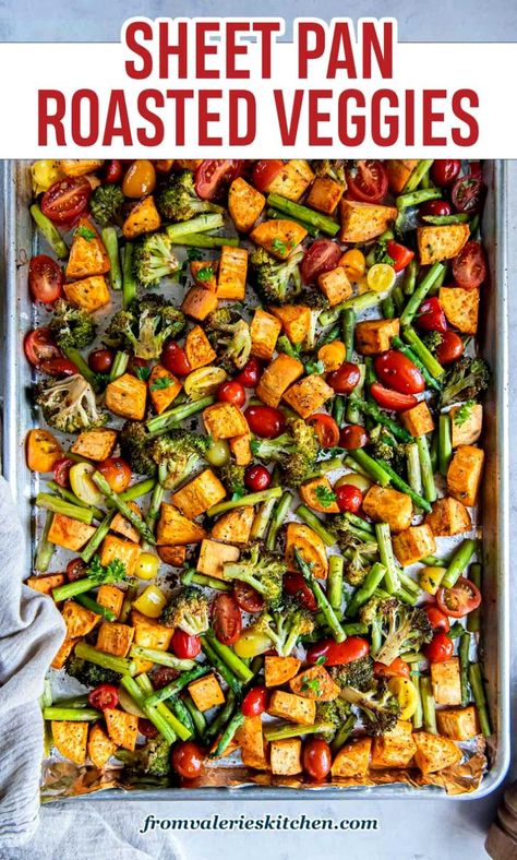 These Sheet Pan Roasted Vegetables are seasoned and cooked to perfection in the oven. A delicious side dish and great for meal prep! Baked Mixed Vegetable Recipes, Oven Roasted Vegetables And Chicken, Roasted Veggie Pan, Veggie And Potato Sheet Pan, Pan Vegetables Roasted Veggies, Veggie Oven Recipes, Sheet Pan Broccoli And Carrots, Easy Oven Roasted Vegetables, Easy Roasted Veggies In Oven