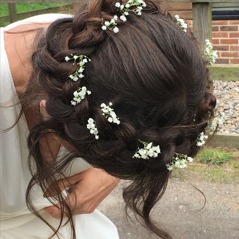 Curly Braid Crown, Hair Crown With Flowers, Cottage Core Updos, Braid Crown On Short Hair, Long Hairstyles With Flowers, Formal Hair With Flowers, Flower Crown Hairstyle Short Hair, Medium Length Hairstyles With Braids, Braid Crown Wedding Hair