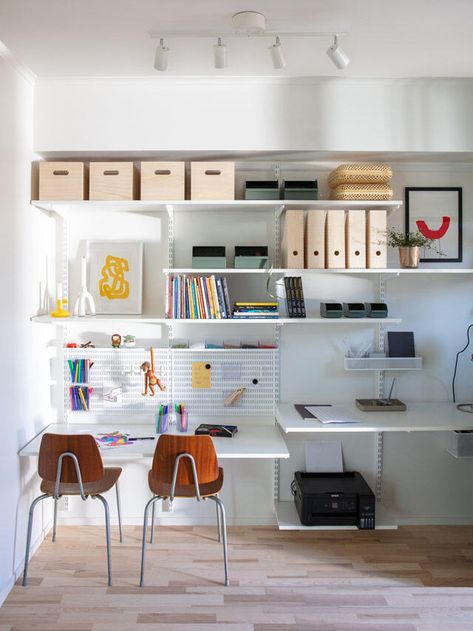 The Ling family’s home office | Elfa Colorful Shelf, Elfa Shelving, Office Shelving, Hallway Inspiration, Office Solutions, Wall Desk, Office Set, Smart Solutions, Home Office Space