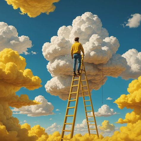 Ladder to the clouds Published on @revelxyz Created using @nightcafestudio with the new Stable Core WFLOW/XL #stablecore #wflow #wflowxl #aiart #aicommunity #aiartcommunity #aiillustration #illustration #clouds #ladder #climbing Illustration Clouds, Ladder Art, Trippy Photos, Clouds Graphic, Ladder Design, Climbing Ladder, Clouds Aesthetic, Cloud Illustration, Surreal Collage