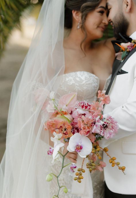 Petite tropical bridal bouquet in spring color palette. Orchids, Charlotte ranunculus, anthuriums, sweet peas. Orchid In Bouquet, Flower Bouquet With Orchids, Wedding Bouquet Orchids, Small Bridal Bouquet, Anthurium Bouquet, Orchid Bridal Bouquets, Orchids Wedding, Tropical Bridal Bouquet, Orchid Bouquet Wedding