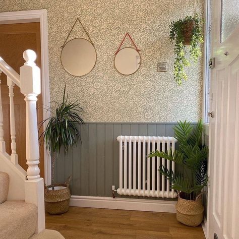 Cloakroom Panelling, Green Paneling, Hallway Wallpaper Ideas, William Morris Interior, Cottage Hallway, Stairs And Hallway Ideas, Wallpaper Hallway, Entrance Hall Decor, Wainscoting Wall