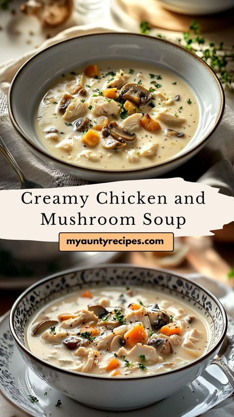 Savor the flavors of this Hearty Chicken Mushroom Soup! With tender chicken, mushrooms, and a creamy base, this soup is comforting and nutritious. A perfect choice for family dinners, it’s quick to make and loaded with flavor. Chicken Thigh Mushroom Soup, Cream Of Chicken And Mushroom Soup, Chicken Mushroom Potato Soup, Mushroom Chicken Soup Recipes, Chicken Soup With Mushrooms, Crockpot Chicken Mushroom Soup, Chicken Mushroom Stew, Chicken Mushroom Soup Crockpot, Creamy Chicken Mushroom Soup