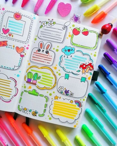 Bullet Journal Inspo | Online Stationery Store #StationeryAddict on Instagram: "🌈 Which of these boxes is your favorite? ⁠ ⁠ ⁠ I love boxes ideas like these and for me? The bunny is the best! I mean, in real life and in this spread. So cute! ⁠ ⁠ Thanks to the wonderful @lilly_bujo for her colorful spread. ⁠ ⁠ Which one do you like? ⁠ ⁠ ⁠ Want to be featured? Be sure to tag us in your best spreads! ⁠ 😘⁠ Looking for Bujo supplies? We're Australasia's only store focused entirely on Bullet Journal Bujo Cute Ideas, Bujo Box Ideas, Bujo Decoration Ideas, Bujo Favorites Page, Cute Box Ideas, Diy Journal Supplies, Design Journal Ideas, Journaling Ideas Drawings, Page Borders Design Handmade