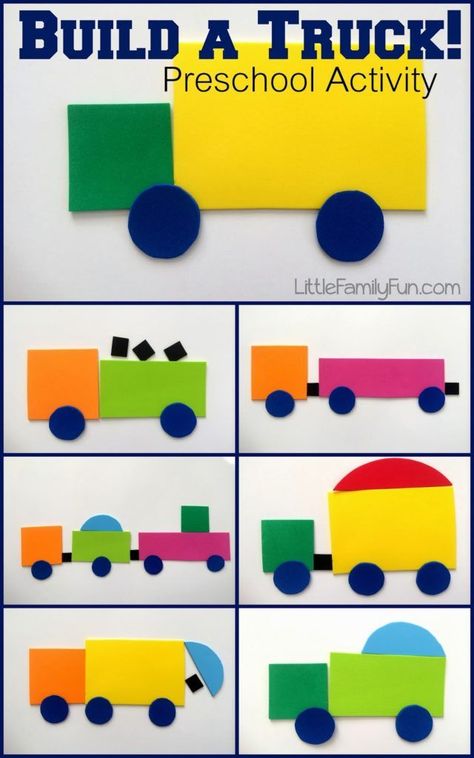 Build a shape truck, fun for transportation and construction themes in preschool and kindergarten. Compare and contrast in speech therapy too #transportationtheme  #preschool #constructiontheme Shapes Collage, Permainan Kerjasama Tim, Aktiviti Tadika, Preschool Construction, Shapes Activity, Kraftangan Prasekolah, Transportation Unit, Maluchy Montessori, Transportation Activities