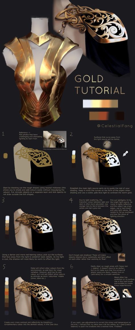 Celestial Fang on Twitter: "Gold tutorial and study ✨ #イラスト #art #illustration #conceptart #arttutorial #artistsontwitter… " Space Digital Art Tutorial, Celestial Fang, Gold Tutorial, Ghost Blade, Digital Painting Techniques, Výtvarné Reference, Coloring Tips, Coloring Tutorial, Poses References