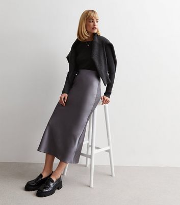 Silk Grey Skirt Outfit, Satin Skirt Grey, Grey Midi Skirt Outfit Winter, Grey Satin Dress Outfit, Grey Slip Skirt Outfit, Grey Monochrome Outfit, Gray Satin Skirt Outfit, Grey Silk Skirt Outfit, Satin Skirt Formal Outfit