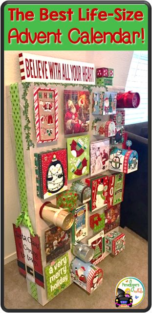 Create a life-sized holiday advent calendar with an old TV box and dollar store supplies! http://www.penelopesportfolio.com/2017/11/how-to-create-life-size-advent-calendar.html  #chrismtasadventcalendar  #adventcalendar Advent Calendar Box Ideas, Grinch Advent Calendar Diy, Christmas Games For Kids Party, Christmas Games For Parties, Grinch Advent Calendar, Baby Advent Calendar, Games For Kids Party, Games For Parties, Avent Calendar