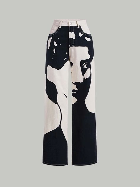 SHEIN MOD Figure Graphic Straight Leg Jeans | SHEIN USA Black And White Jeans, Jeans Drawing, Black And White Face, Athleisure Trend, Shein Icon, Painted Jeans, Patterned Jeans, Cute Preppy Outfits, Black And White Design