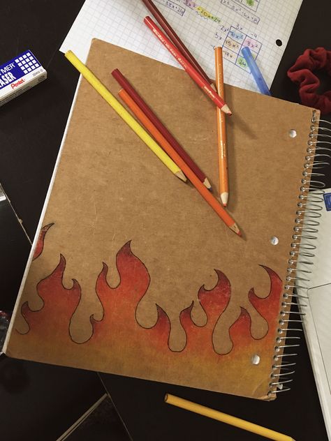 Aesthetic Fire Drawing, Back Of Notebook Drawing, Aesthetic Notebook Drawings, Things To Draw On Notebook Cover, Cover Drawings Sketchbook, Drawing Notebook Aesthetic, Aesthetic Notebook Cover Design Diy, Drawing On Notebook Cover, Fire Aesthetic Drawing