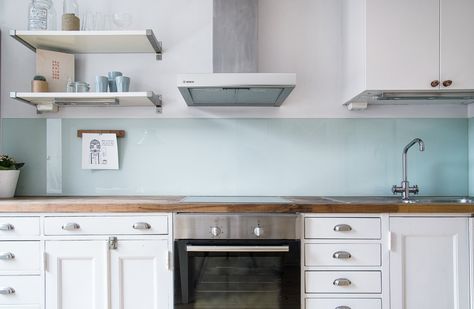 Not Your Basic Backsplash: A Lovely, Low-Maintenance Alternative to Tile Cheap Kitchen Backsplash, Install Backsplash, Backsplash Cheap, Glass Backsplash Kitchen, Glass Kitchen Backsplash, Kitchen Glass, Glass Backsplash, Cheap Kitchen, Backsplash Ideas