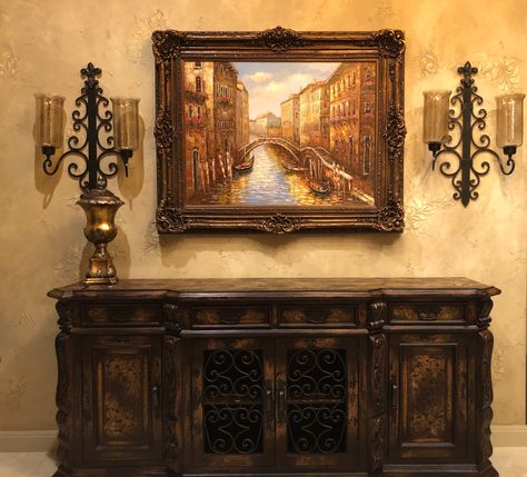 💕SHOP💕 www.crownjewel.design Old World Tuscan Style Buffet & Artwork Tuscan Style Homes Interior, Rustic Tuscan Decor, Old World Tuscan Design, Wine Country Decor, Tuscan Home Decor, Tuscan Bedroom, Tuscan Walls, House Entryway, Tuscan Interior