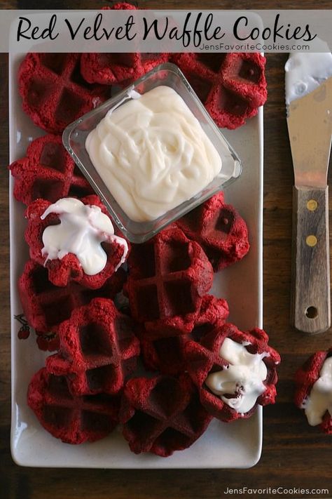 Red Velvet Waffle Iron Cookies from JensFavoriteCookies.com - SO fast and easy to make, with a red velvet cake mix! Iron Cookies, Cookie Waffles, Waffle Iron Cookies, Waffle Ideas, Red Velvet Waffles, Waffle Iron Recipes, Velvet Cookies, Waffle Maker Recipes, Waffle Irons