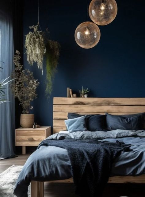 Midnight Blue Bedroom, Dark Blue Bedroom Walls, Dark Blue Rooms, Blue Gray Bedroom, Dark Blue Bedrooms, Blue Bedroom Walls, Navy Blue Bedrooms, Blue Bedroom Ideas, Blue Bedroom Design