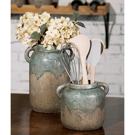 Italian Farmhouse Decor, Rustic Italian Home Decor, Rustic Italian Home, Antique Kitchen Cabinets, Italian Vase, Tuscan Decor, Pot Belly, Stone Ceramic, Rustic Cabinets