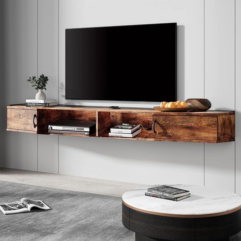 Amazon.com: FITUEYES Floating TV Stand Wall Mounted TV Shelf Entertainment Center Walnut Media Console with Doors Cabinet Modern Component for Storage Hutch Under TV for Home Living Room Office,Rustic Brown : Home & Kitchen Under Tv Cabinet, Wall Mount Tv Shelf, Hutch Desk, Tv Stand Wall, Wall Tv Stand, Different Home Decor Styles, Hanging Tv, Wood Media Console, Floating Entertainment Center