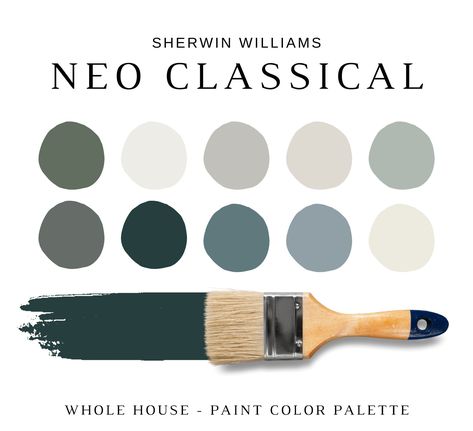 The PDF contains EVERYTHING you need to KNOW about Sherwin Williams NEOCLASSICAL Paint Colors! It includes a list of 16 complementary Sherwin Williams NEOCLASSICAL Paint Colors that complement each other. This is a PREPACKAGED Color Palette Selection Listing that includes the Sherwin Williams complementary color recommendations for walls, ceilings, trims, moldings, doors, and window frames - for your WHOLE HOUSE. NOTE: This LISTING is MORE than color palette suggestions! This is a *digital downl Neoclassical Interior Design Color Palette, Neo Classical Color Palette, Neoclassical Color Palette, Modern Traditional Color Palette, Interior Design Neoclassical, Paint Sheen Guide, Material Color Palette, High End Interior Design, Neoclassical Interior Design