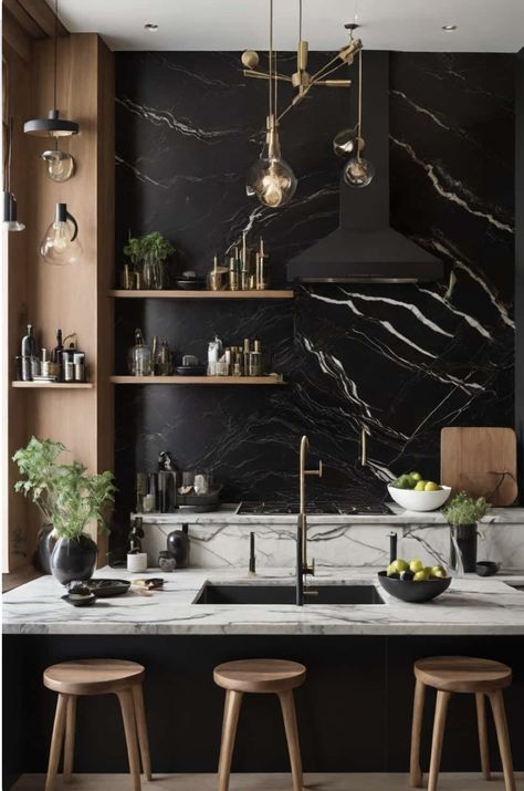 This is a stunning way to use stone! Notice they have 2 different complimentary stones. Colorful Backsplash Ideas, Backsplash With Black Granite, Backsplash For Black Granite Countertops, Black And White Granite Countertops, Black Granite Kitchen Countertops, Creative Bedroom Decor, Black Marble Countertops, Black Granite Kitchen, White Granite Countertops