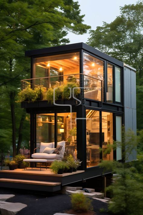 Tiny House Glass Wall, Tiny Home With Lots Of Windows, Tiny Home With Large Windows, Industrial Tiny House Exterior, Tiny House With Big Windows, Modern Tiny Home Exterior, Small House With Big Windows, Luxurious Tiny Home, House In The Woods Modern