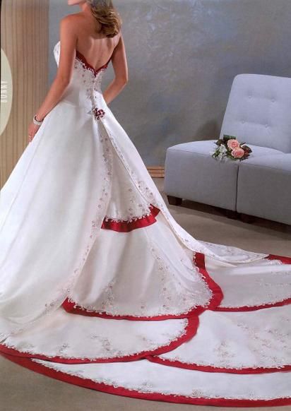 I am absolutely in love with this train, but the only site I can find it for sale on seems to be a scam:( Wedding Dress With Red, White Red Wedding, Red And White Weddings, Red Wedding Dress, Satin Wedding Gown, Red Wave, Red Wedding Dresses, Colorful Dress, 2015 Wedding Dresses