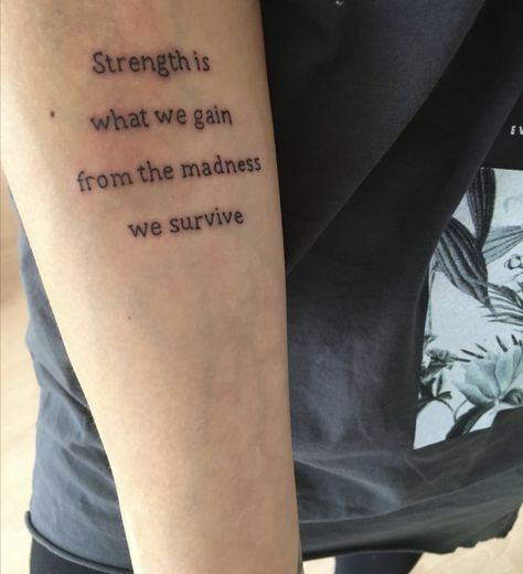 Strength Is What We Gain, Forearm Strength, Wörter Tattoos, Tattoo Quotes For Men, Tattoo Quotes About Strength, Inner Arm Tattoos, Tato Dengan Makna, Good Tattoo Quotes, Phrase Tattoos