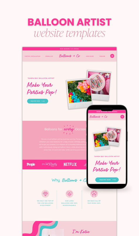 Fun, colorful, clean website template with pops of hot pink, soft pink, and teal.  Designed for balloon artists but can be customized for any industry. Balloon Website Design, Girly Branding, Event Planner Branding, Event Planner Website, Party Website, Balloon Business, Teal Branding, Colorful Website, Balloon Artist