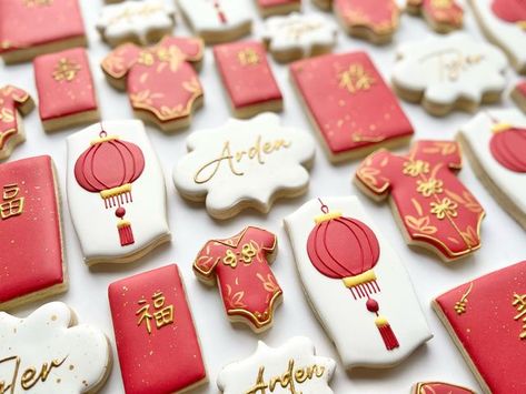 Red Egg And Ginger Party Cookies, 100 Days Chinese Celebration, Lunar New Year Birthday Party, Red Egg Ginger Party, Red Egg And Ginger Party Favors, Chinese Baby Shower Theme, Chinese 100 Day Celebration, Red Egg And Ginger Party Decorations, 100 Day Party Chinese